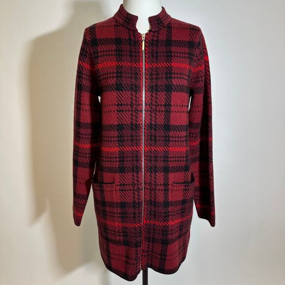 Max Studio Buffalo Plaid Houndstooth Long Zip Shacket Knit Sweater Womens Medium - Picture 1 of 11